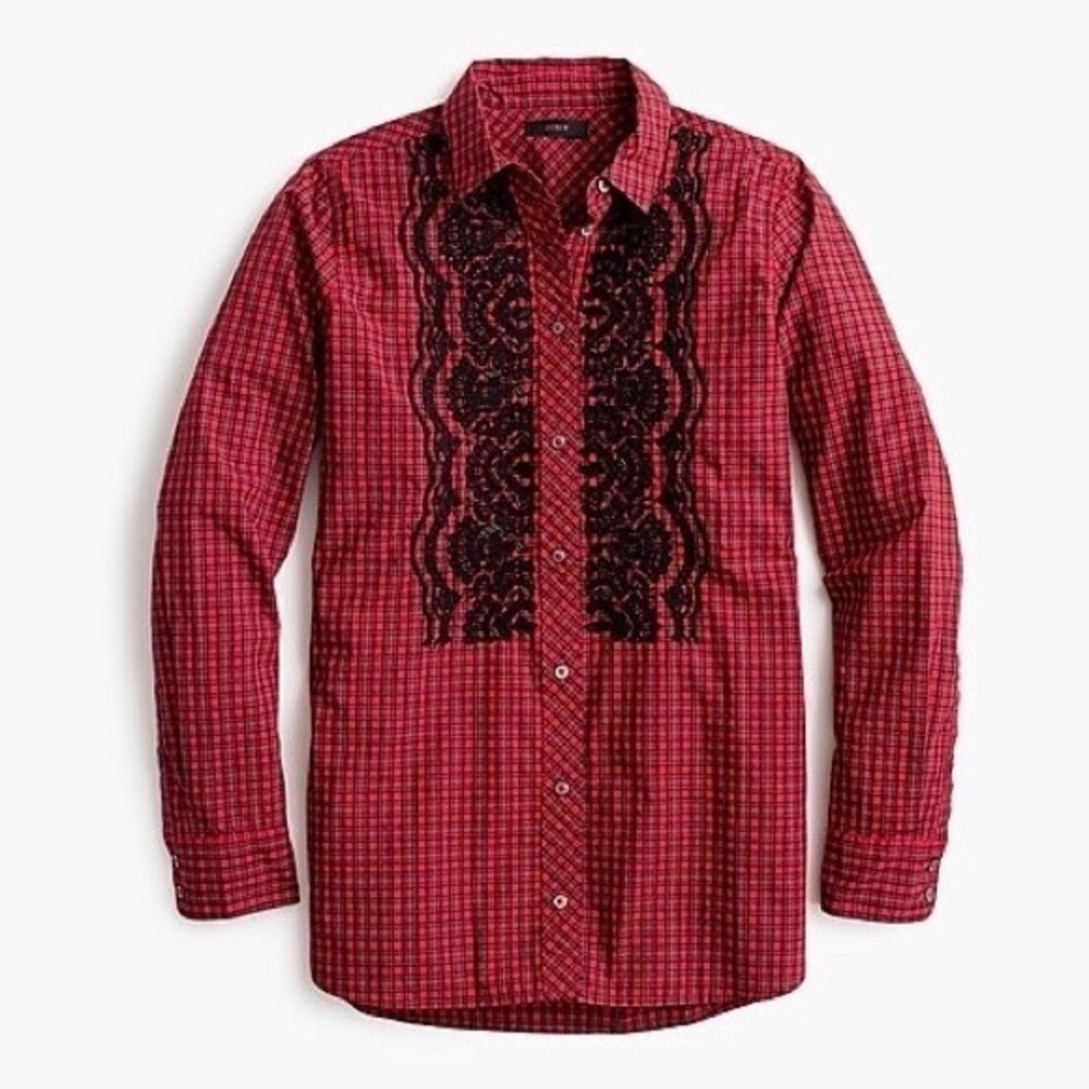 NWOT J. Crew Petite Boy Shirt Embellished Red Plaid 6P